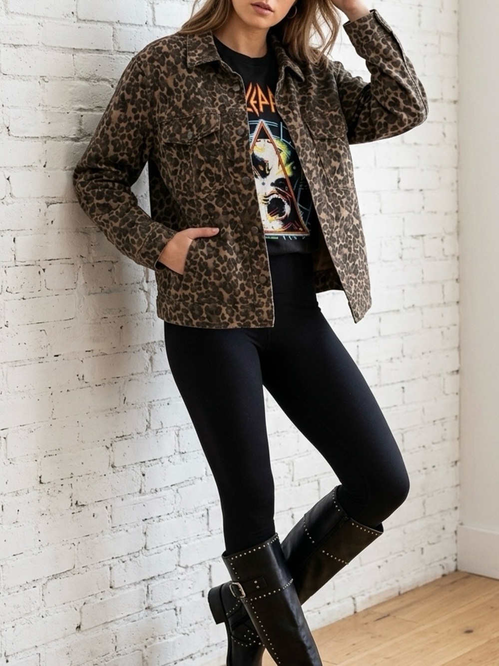 Express Brown Leopard Print Jean Jacket